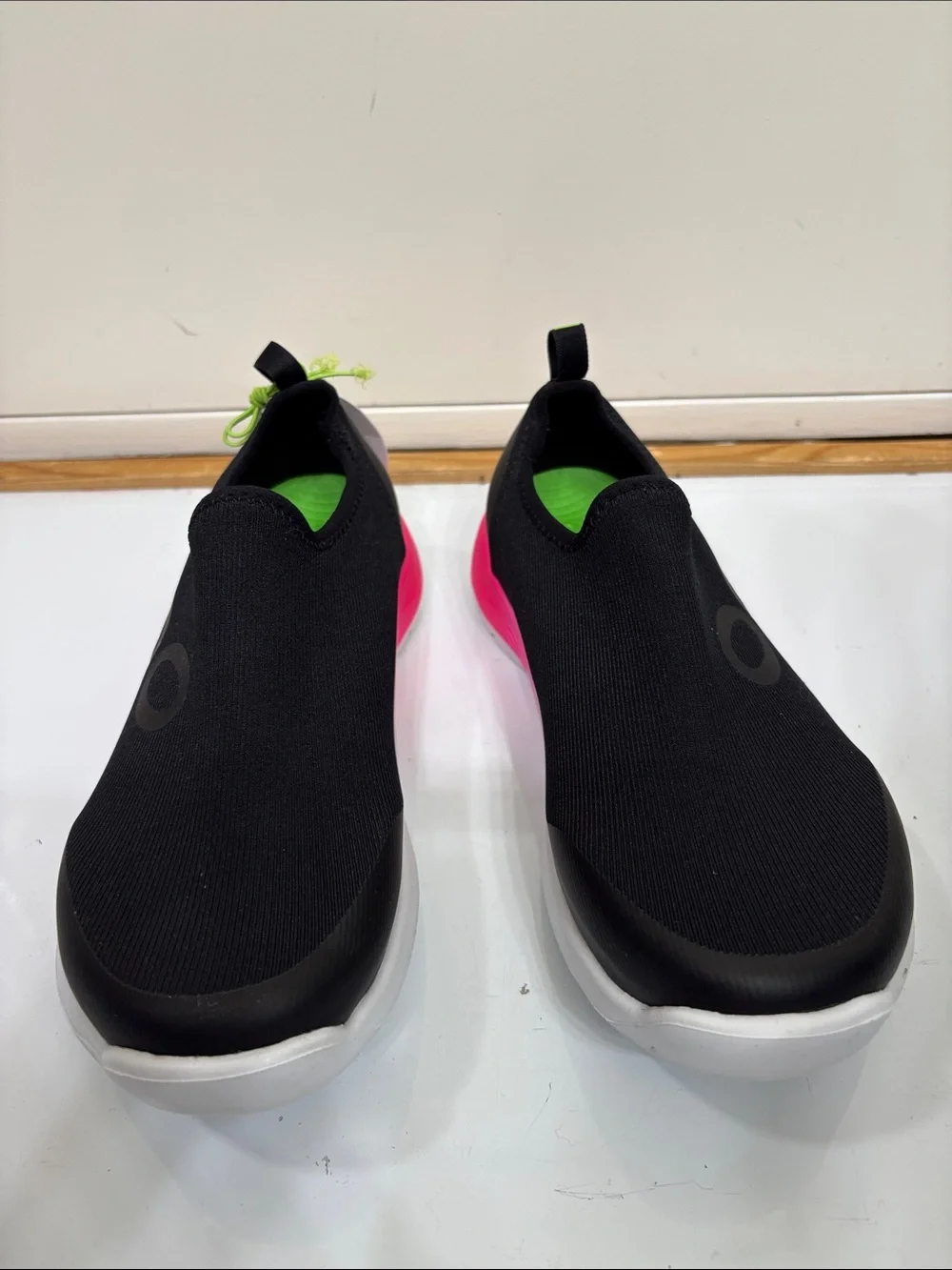 NWT OOFOS Black Slip-On Sneakers with Pink and Lime Accents - Picture 2 of 11